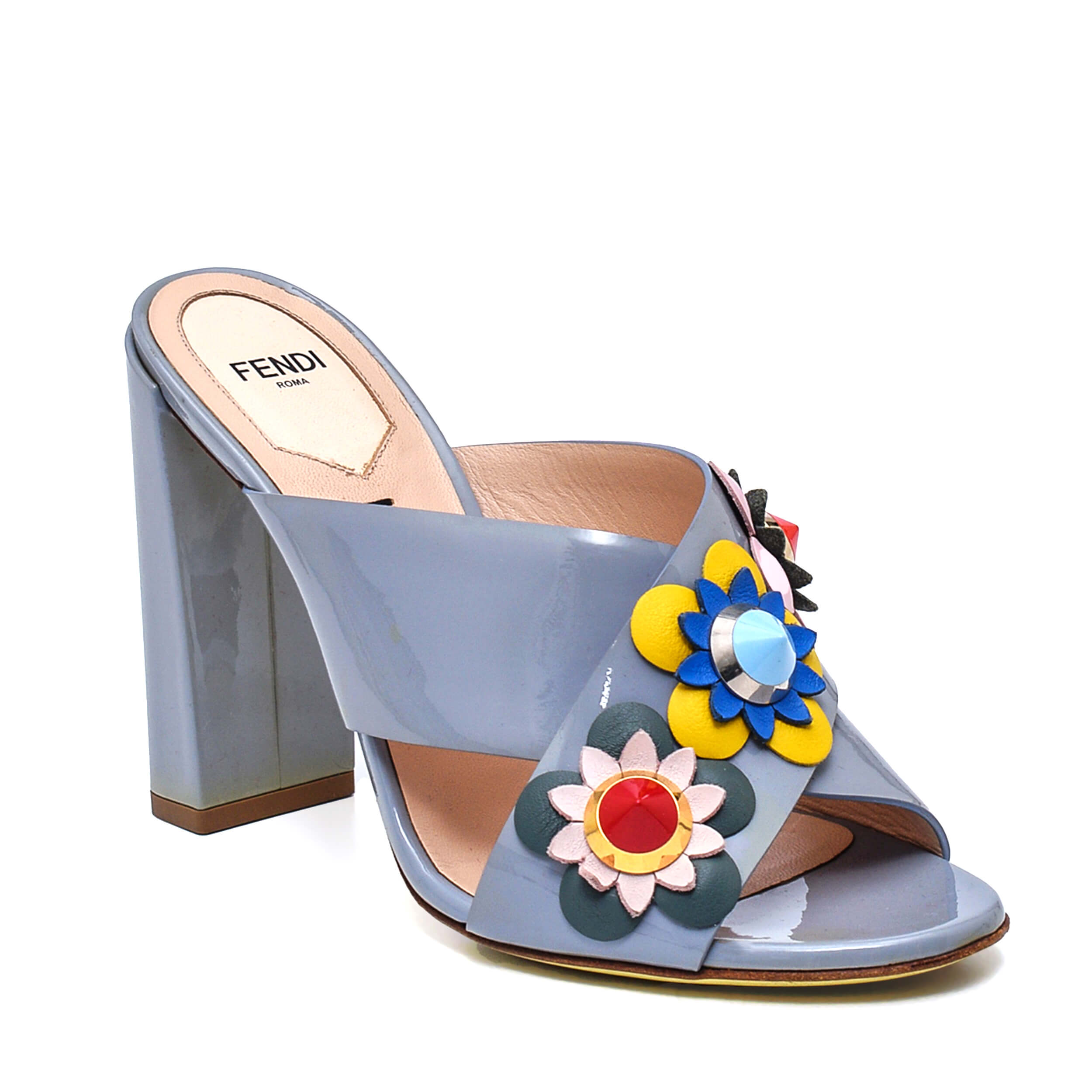 Fendi - Grey Leather Flowerland Block Heel Slide Sandals Size 37.5